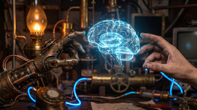 Robotic hand and human hand reaching toward a glowing digital brain hologram inside a steampunk workshop setting