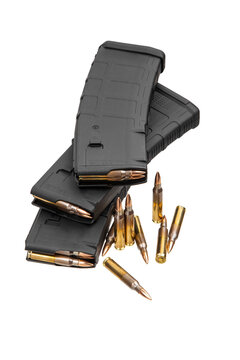 Black rifle magazines with brass ammunition