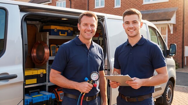 Professional Electricians Team Standing near Service Van, Repair and Maintenance Service