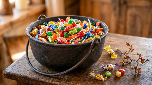 Cast iron cauldron filled with colorful wrapped candies on a rustic wooden table for Halloween celebration