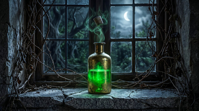 Magic potion bottle with glowing green liquid and mystical smoke on a stone windowsill at night