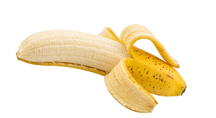 Peeled ripe banana fruit with yellow skin and white flesh isolated for healthy food advertising ads. © ProPixel PNG
