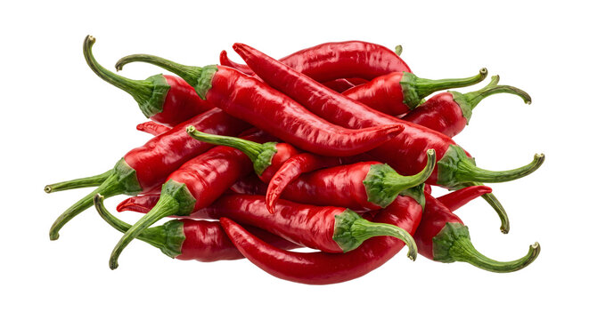 Pile of vibrant red chili peppers with green stems spicy ingredient for cooking.