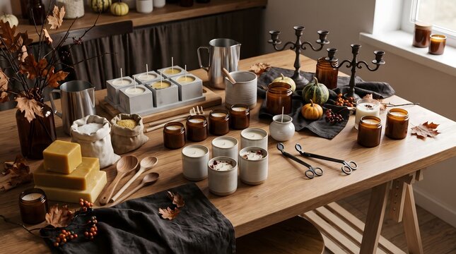Candle making supplies and autumn decor arranged on a wooden table for seasonal crafting