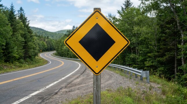 Yellow diamond-shaped warning sign by a winding road through a forest