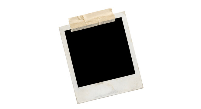 Vintage polaroid photo frame with masking tape isolated on transparent background cutout image.