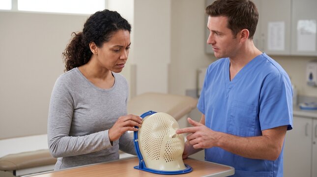 Radiotherapy mask anxiety, Patient examining face shell, Radiographer explaining perforated material, Preparation room, Cautious hand on rigid frame, Concern about immobilization