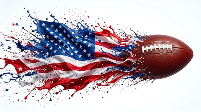 American football ball with dynamic paint splash in the colors of the usa flag isolated on white background, NFL, Super Bowl, NFL 2027, Super Bowl 2027, NFL Football, NFL Playoffs.