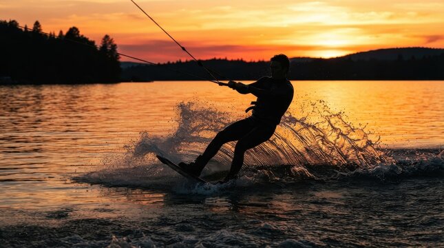 Man wakeboarding on a lake at sunset