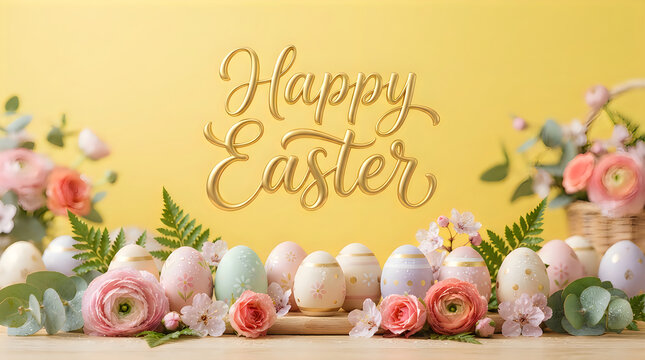 Happy easter greeting card with colorful eggs and spring flowers on a soft yellow background