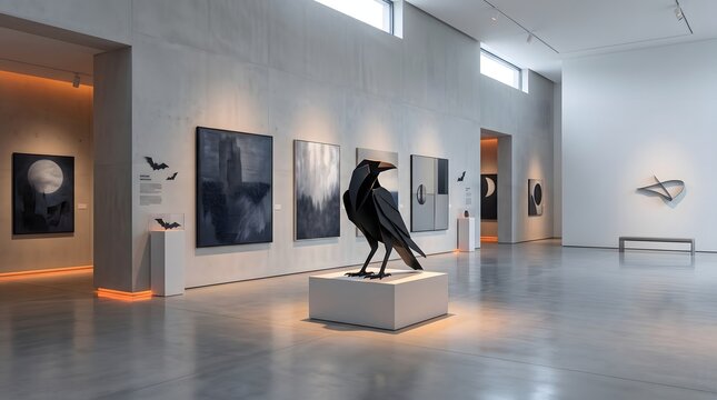 Modern art gallery interior with paintings and a black raven sculpture on display