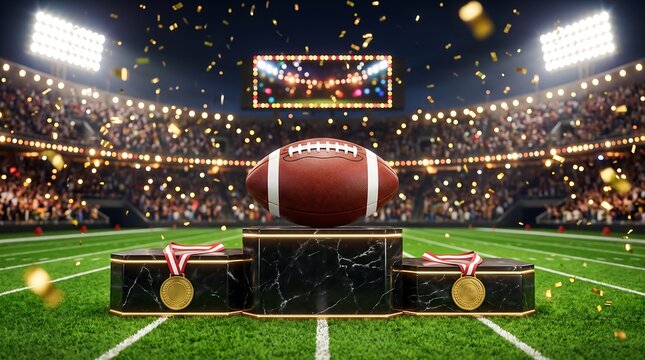 American football on a winners podium with gold medals on a stadium field with confetti