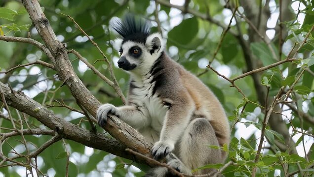 Rare 4K wildlife documentary clip focusing on an endangered crowned sifaka lemur perched cautiously among dense forest branches showcasing exotic fauna behaviors in its native woodland habitat