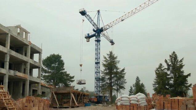 High-quality 4K industrial production clip detailing a massive metropolitan development zone featuring multiple colossal engineering cranes lifting payloads above neatly arranged piles of structural
