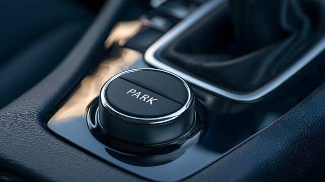 The Park Button on a Modern Car Gearshift Console Closeup