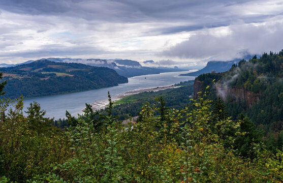 Columbia River Gorge and Crown Point viewed from Chanticleer Point at Portland Womens Forum State Scenic Viewpoint in Oregon.