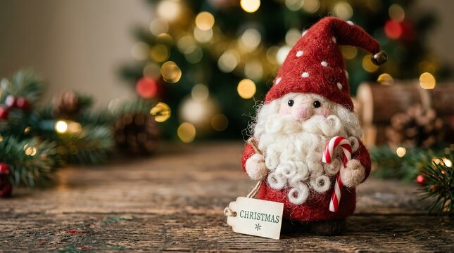 Felt Christmas gnome figurine holding candy cane on rustic wooden table