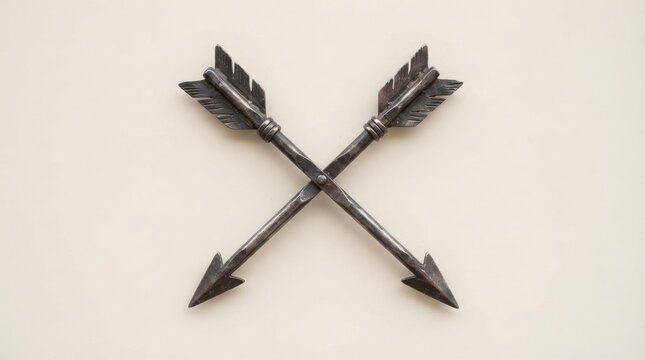 Two handmade forged iron arrows crossed in an X shape