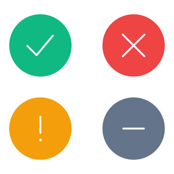 Set of four flat round icons with check mark, cross, exclamation point and minus sign isolated on transparent background