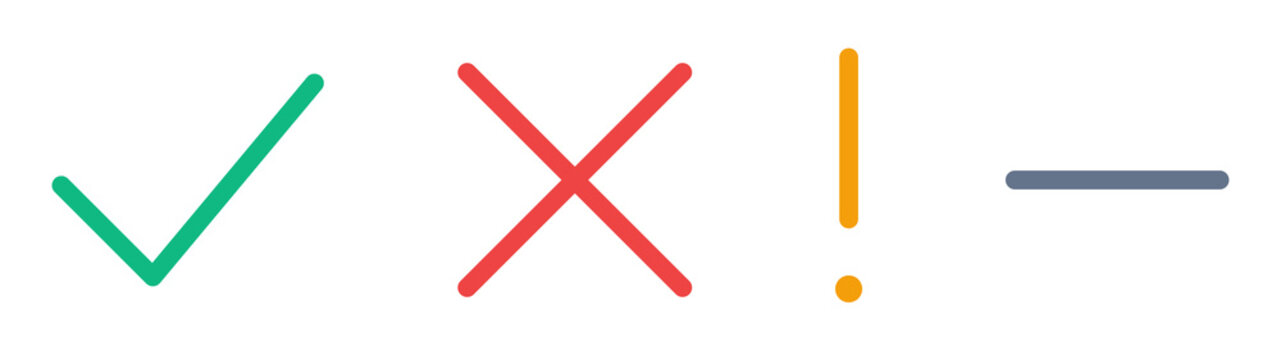 Minimalist vector set of symbols including check mark, cross, exclamation mark, and minus sign, isolated on transparent background