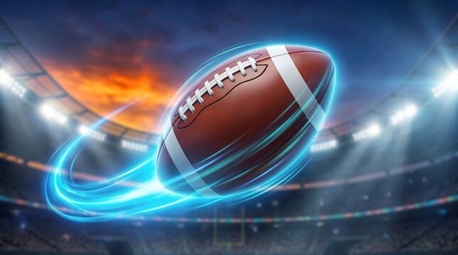 American football flying through the air in a stadium with glowing blue light trails