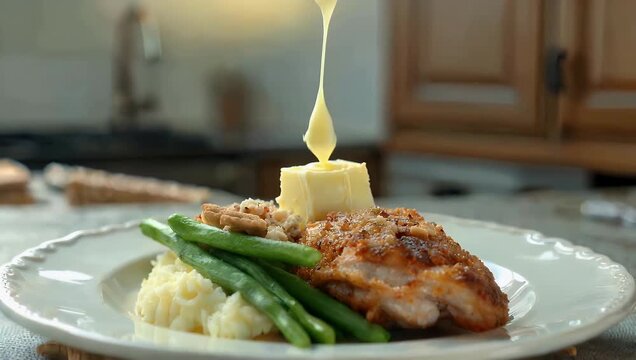 Delicious 4K broadcast-quality slow-motion scene capturing a small pat of chilled dairy butter falling onto a piping hot dinner plate filled with traditional country biscuits and rich mashed potatoes