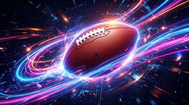 American football ball flying through space with vibrant neon light trails and motion blur effects