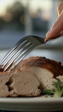 Vertical video: Fork entering right causing hand probing roast on plate by window checking doneness