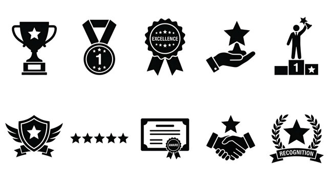 Vector Set of 10 Employee Recognition Icons featuring Trophies Medals and Star Awards in Flat Silhouette Style