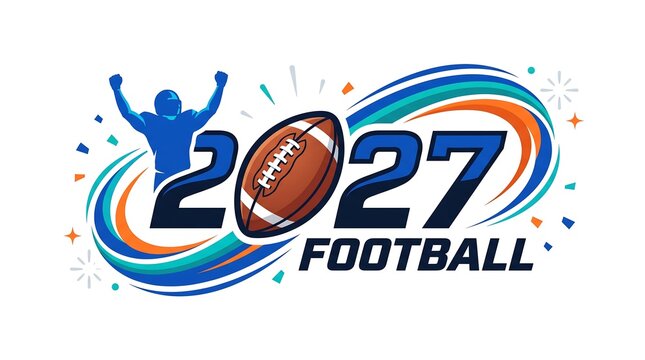 2027 football championship logo with a cheering player silhouette and a football, dynamic swoosh design isolated on white background