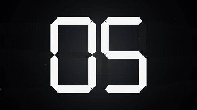 Digital countdown timer animation with white led segment numbers on dark modern background