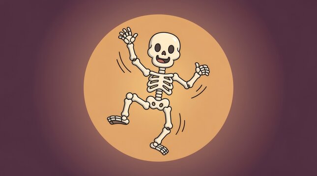 Skeleton dancing happily with cheerful expression and joyful pose inside a circular frame on a dark purple background representing a fun Halloween celebration.