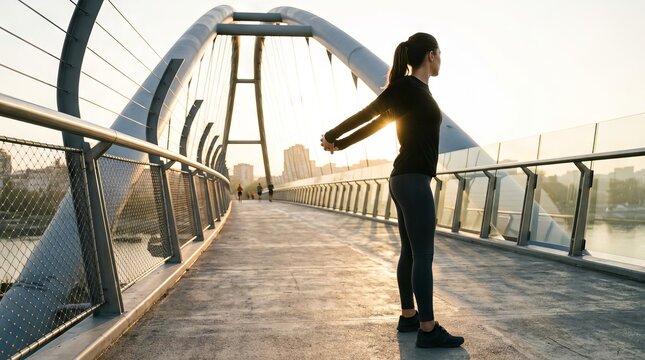 Young woman stretching arms on modern pedestrian bridge at sunrise