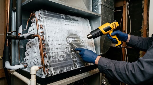 HVAC technician with heat gun thawing frozen air conditioner coil during maintenance service in basement