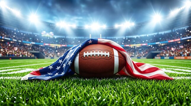 American football ball resting on green stadium grass draped with a united states flag under bright stadium lights