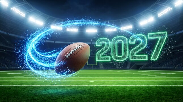 American football flying in stadium with glowing 2027 digital text