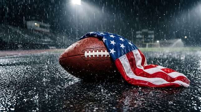 American football draped in an american flag on a wet field during a rainy night under stadium lights