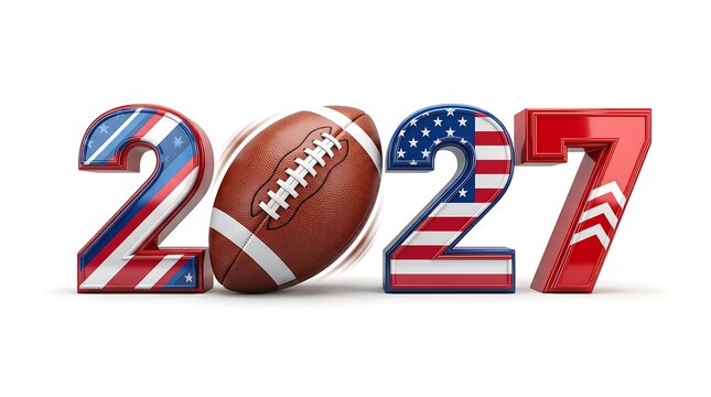 3d render of the year 2027 with american flag pattern and a football isolated on white background