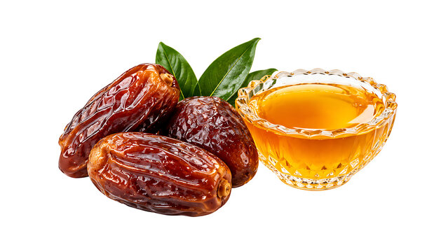 Sweet dried dates fruit with bowl of golden honey and mint leaves isolated on white background