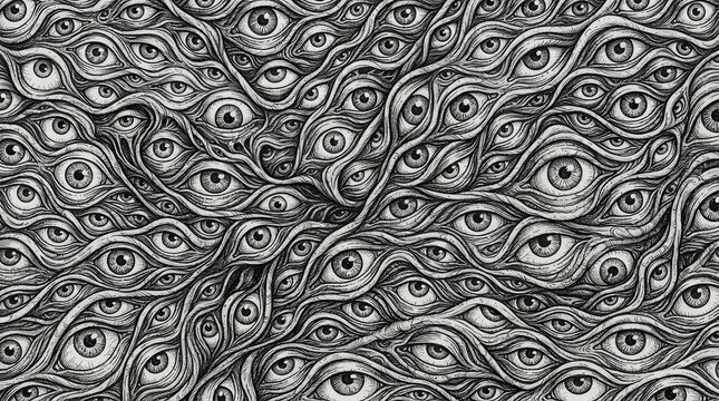 Surrealistic pattern of many intertwined eyes in black and white