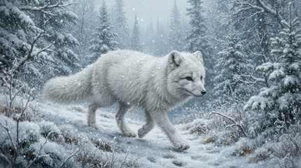 Fototapeta premium Arctic fox walking through a snowy forest during a snowfall