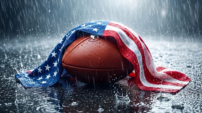 American football ball draped with a united states flag lying on a wet surface during a rainstorm