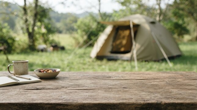 Wooden table with camping gear and tent in a green forest campsite