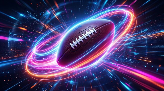 American football ball surrounded by glowing neon light trails in a futuristic digital space background