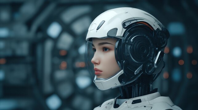 A futuristic humanoid robot with a white helmet and mechanical components gazes thoughtfully, set against a blurred high-tech background.