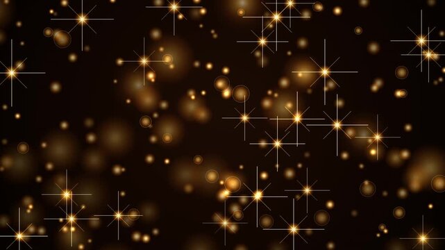 Golden Bokeh Particles Floating with Shining Sparkling Stars Over a Dark Black Background Loop