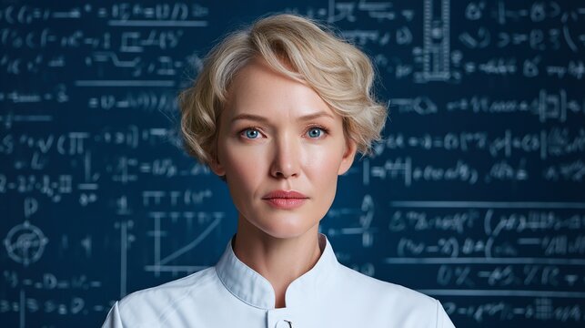 A confident woman stands in front of a blackboard filled with complex mathematical formulas and graphs, symbolizing intelligence and STEM expertise.