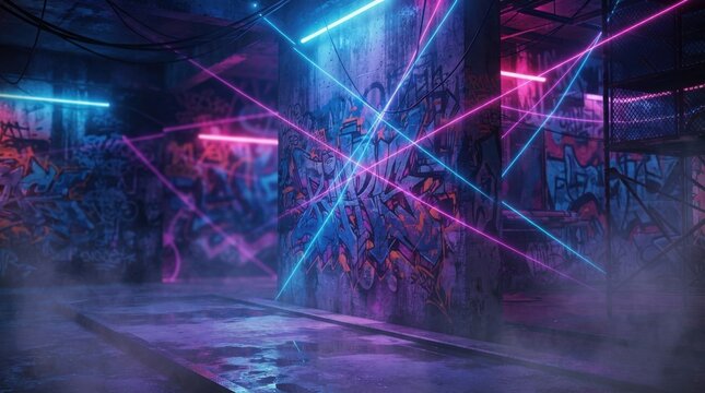 Neon laser beams and graffiti on walls in a dark abandoned industrial interior