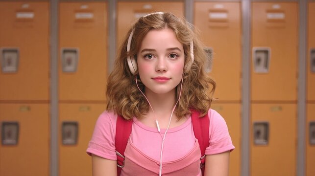A young woman with curly hair wearing headphones and a red backpack stands in front of school lockers.