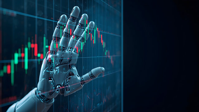 Robotic hand analyzing financial data on a digital screen, AI robot finger pointing at stock market charts, futuristic artificial intelligence trading